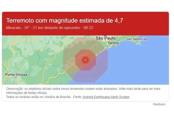 Moradores relatam tremor de terra no interior e no litoral de São Paulo; Google envia alerta em Miracatu