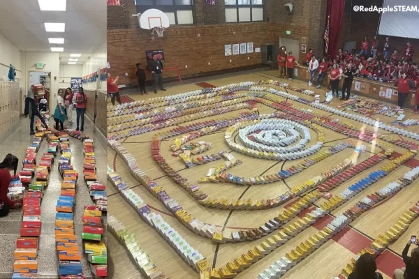 Escola faz mega dominó com caixas de cereal e vídeo viraliza