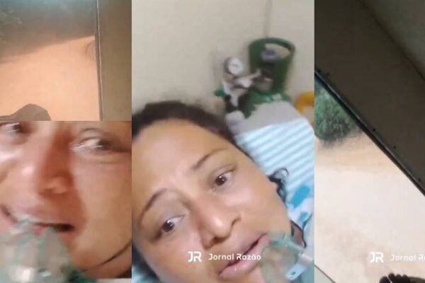 Mulher desesperada e sozinha na ambulância com porta aberta grava vídeo pedindo socorro