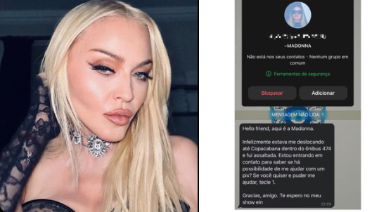 Madonna pedindo Pix: golpistas inovam e cantora pede dinheiro depois de assalto em ônibus