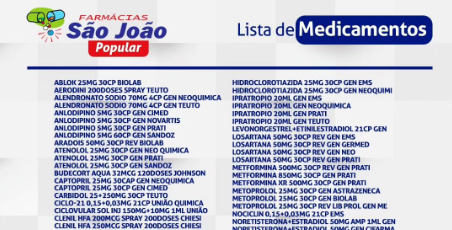 Farmácias São João divulga fornecimento de medicações gratuitas; confira a lista
