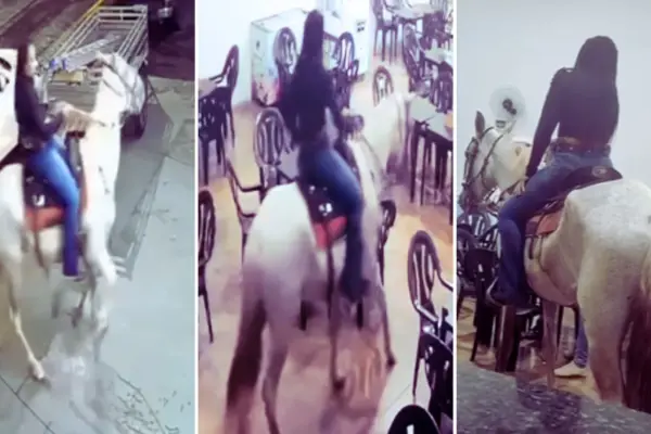 Mulher surpreende ao entrar com cavalo em pizzaria, fazer pedido e ir embora; assista