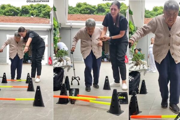 Velhinha sem paciência chuta cones de equilíbrio e fisioterapeuta não segura a risada; assista